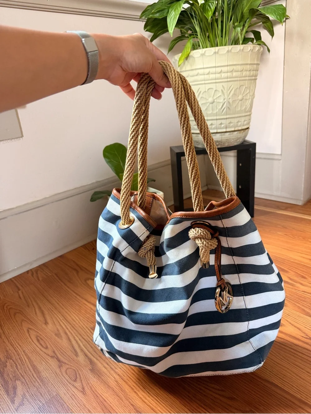 Michael Kors Marina Navy and White Striped Rope-Handle Tote Like New - Picture 2 of 12
